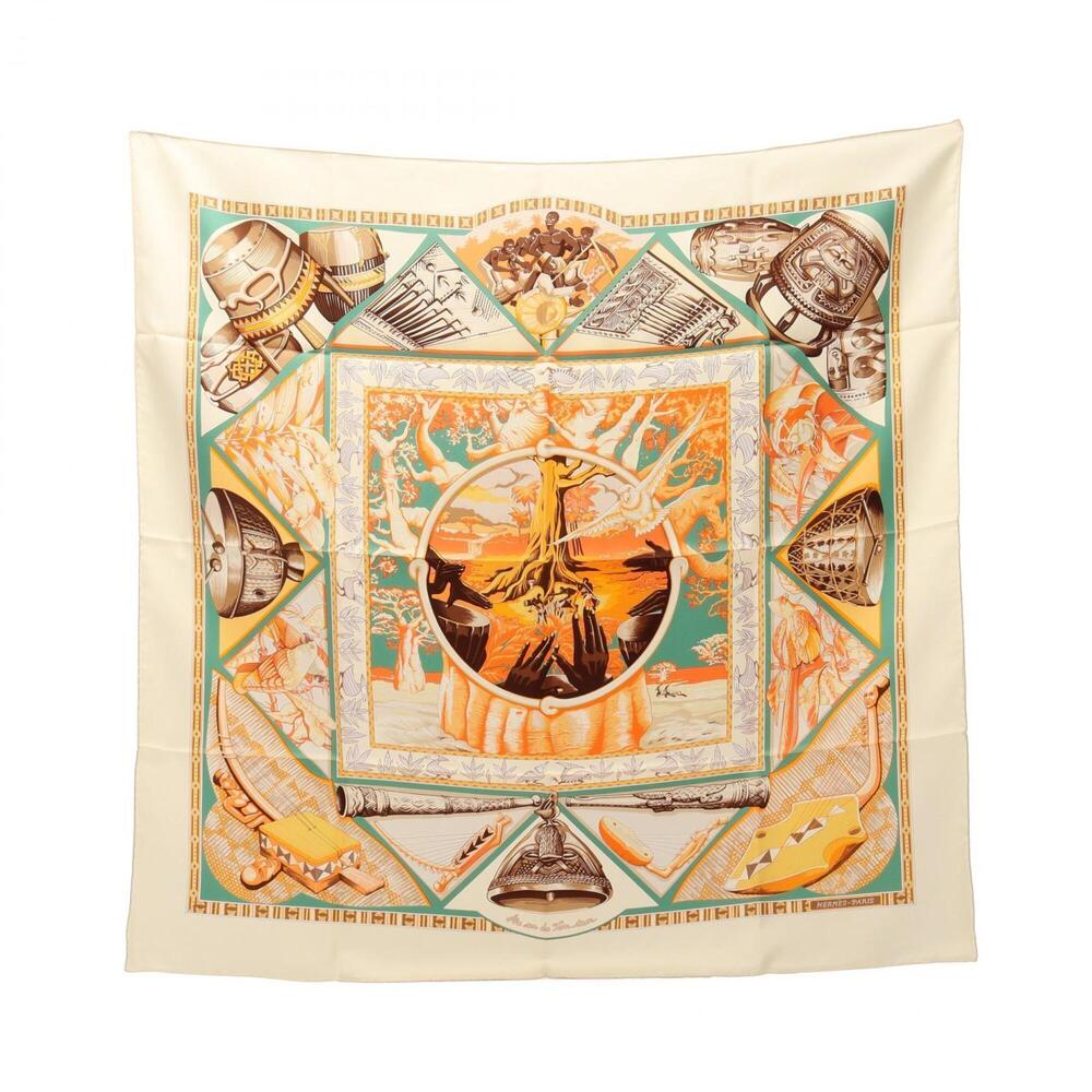 Hermes Carre 90 Au son du Tan-tan Scarf/Muffler, Silk, Women's, Ivory/Orange/...